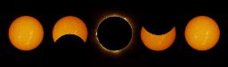 five images of the moon's progression across the sun