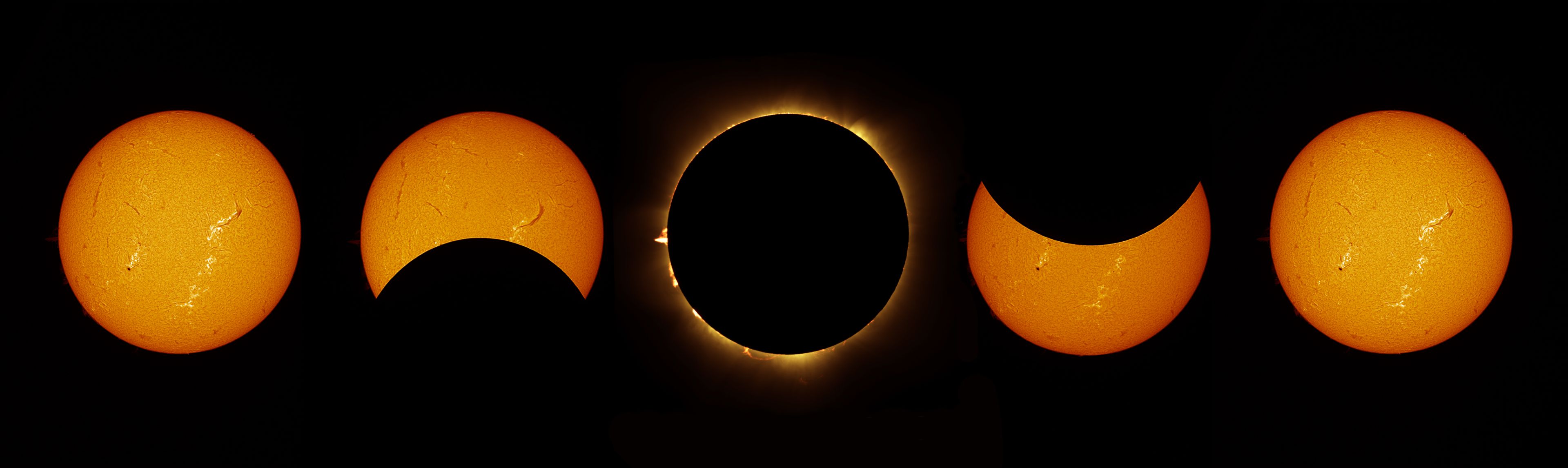 five images of the moon's progression across the sun