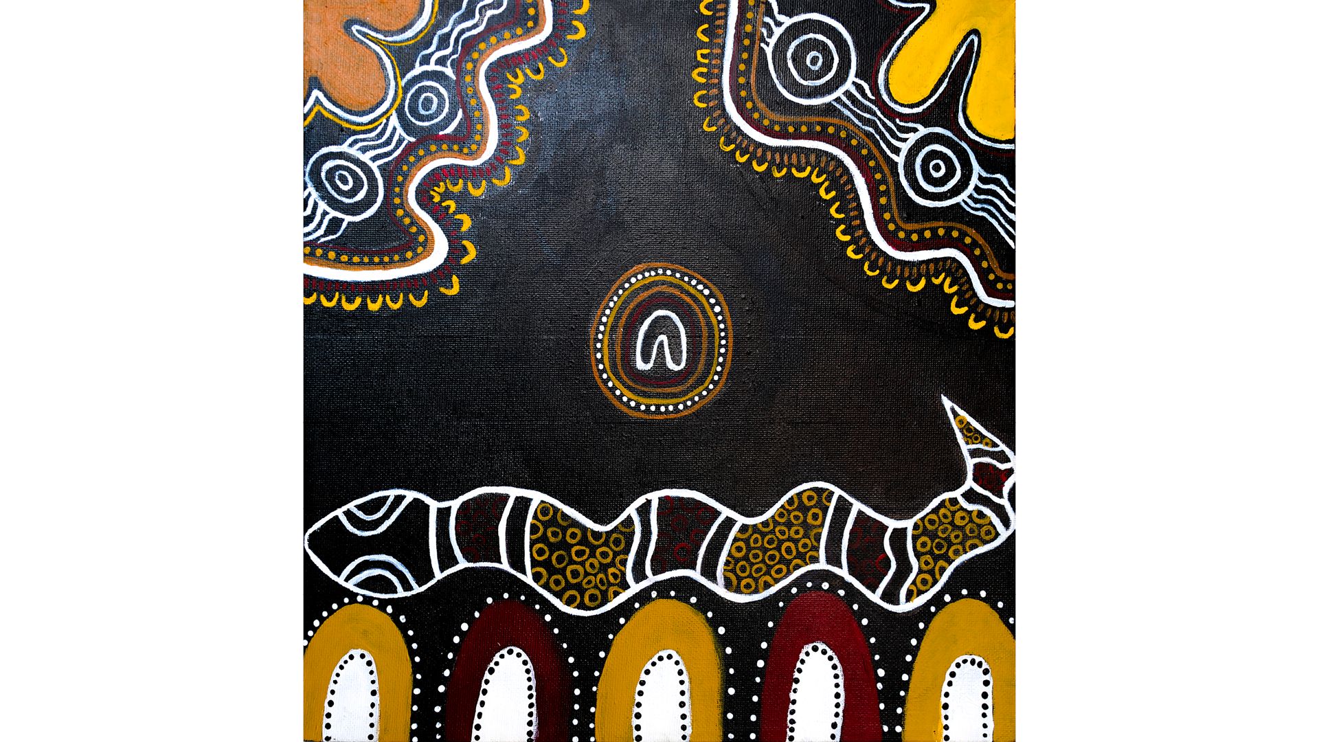 Acrylic on canvas artwork displaying a snake and other white, yellow and orange shapes on a black background 