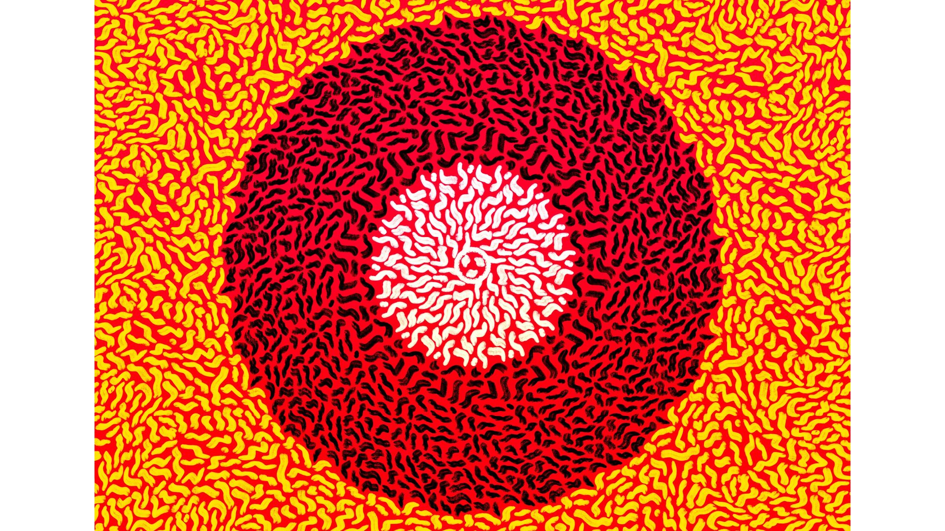 Artwork featuring small shapes making up a larger red circle, with a white one inside it, and yellow background