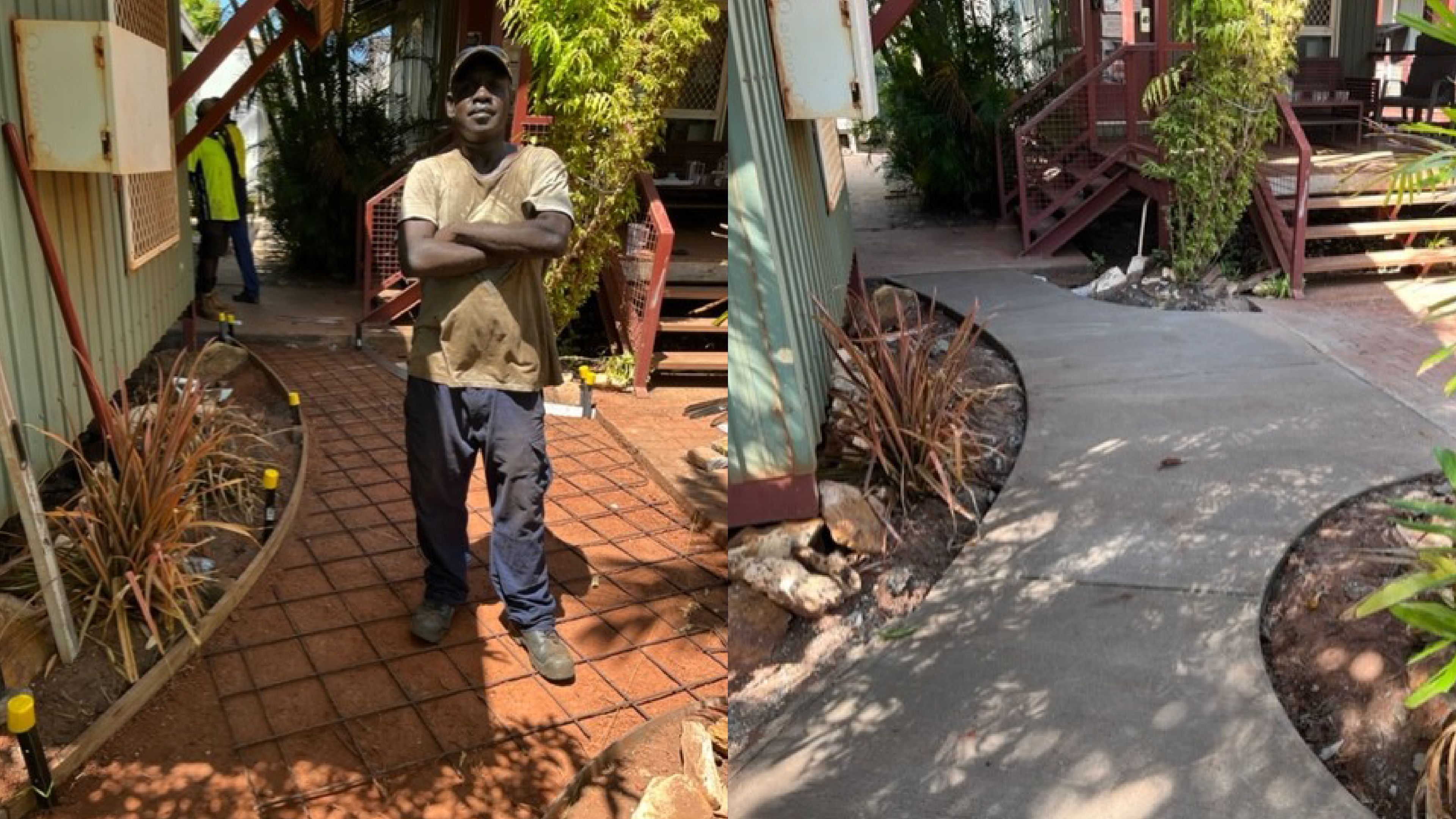 A before and after shot of the footpath. The before picture shows a man standing in the empty space where the concrete will go. The second picture shows the same space with a finished concrete footpath