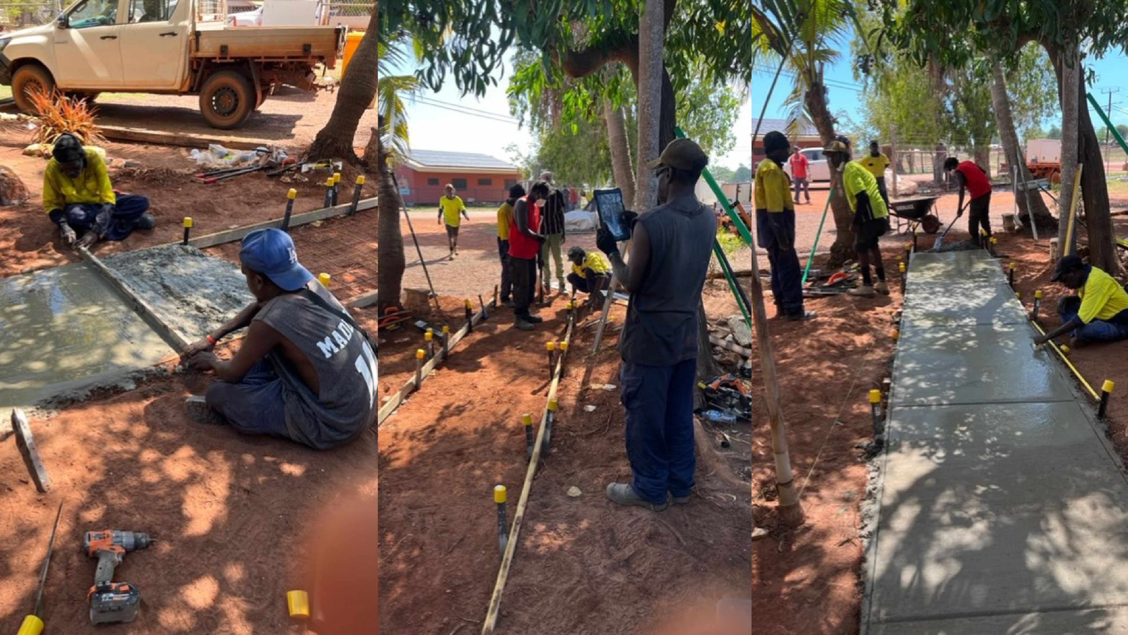 3 Progress shots of students using their new skills to build a footpath. 