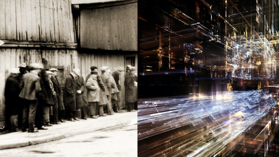 An historical black and white image of people lined up in front of a shed and an image of futuristic light connections