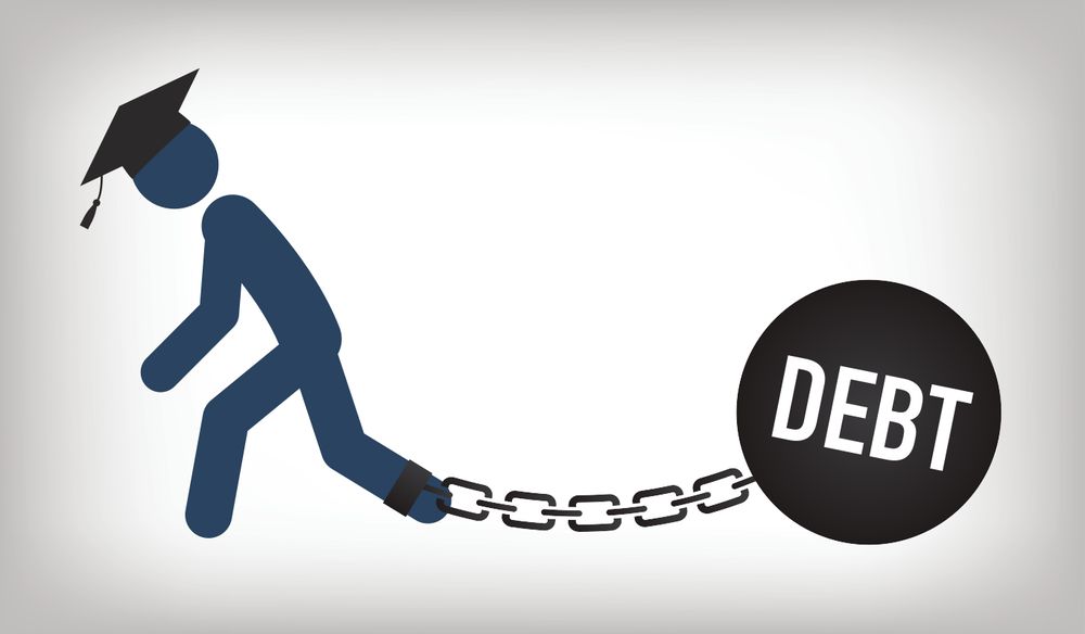 Cartoon image of a student with a ball and chain attached to their ankle. The word 'debt' is written on the ball