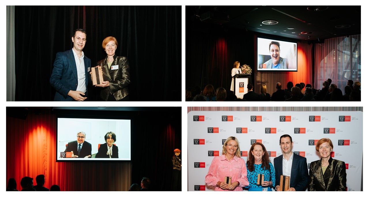 A collage of photos taken of the winners and finalists(on screen and in-person) at the Alumni Impact Awards held at the Australian Centre for Moving Image (ACMI), in Melbourne
