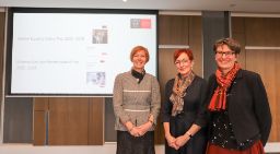 An image from the GEAP launch event. Pictured from left to right, Vice-Chancellor and President Professor Pascale Quester (left), Public Sector Gender Equality Commissioner Dr Niki Vincent and SAGE lead and gender equity champion Professor Sarah Maddison (right)