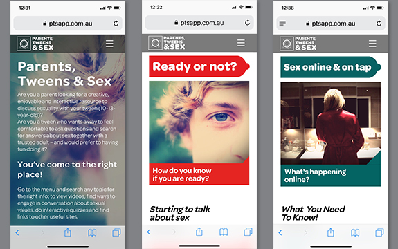 App design for Parents, Tweens & Sex program designed by Communication Design students