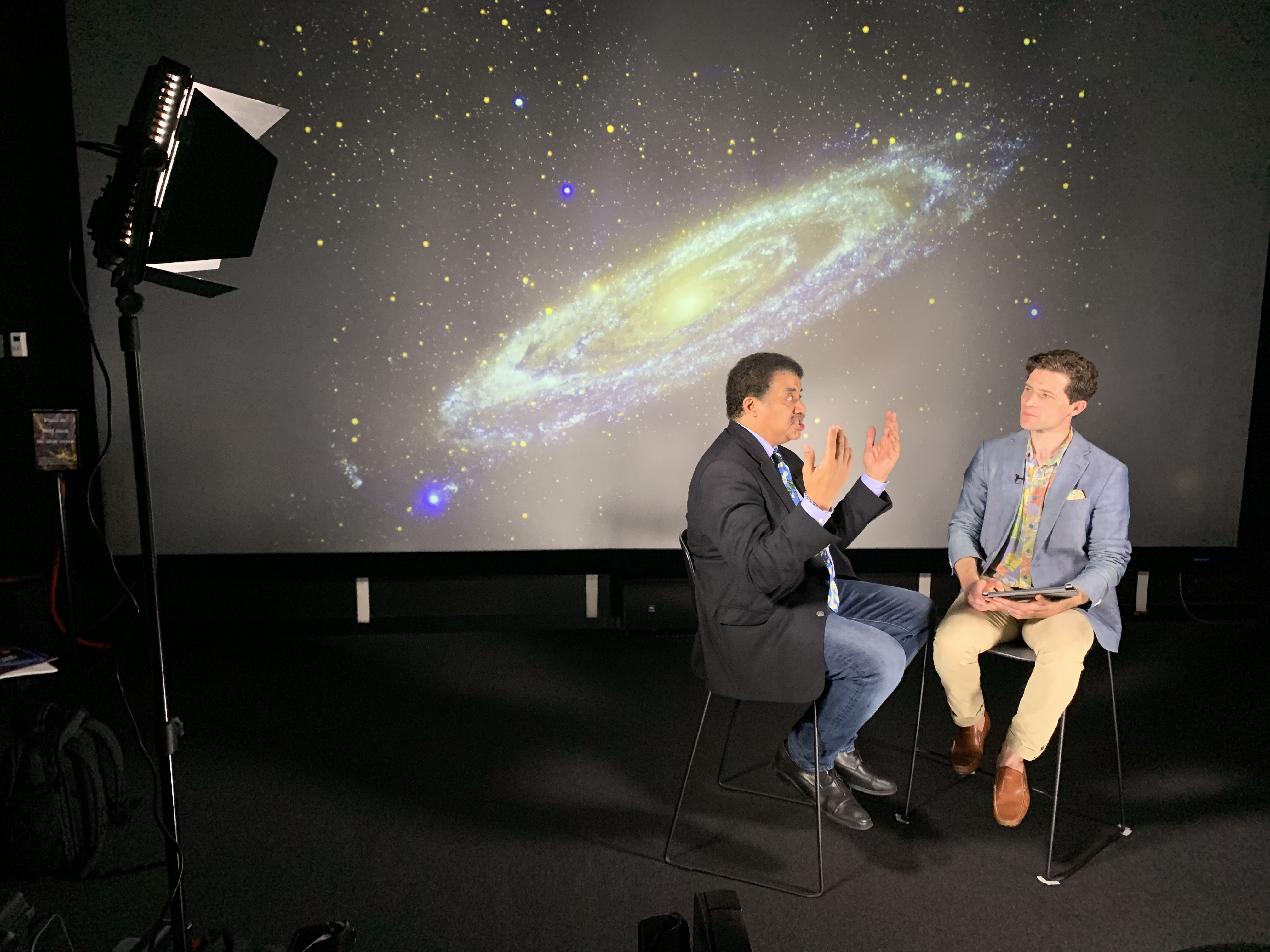 Behind the scenes image of Neil deGrasse Tyson and Prof Alan Duffy