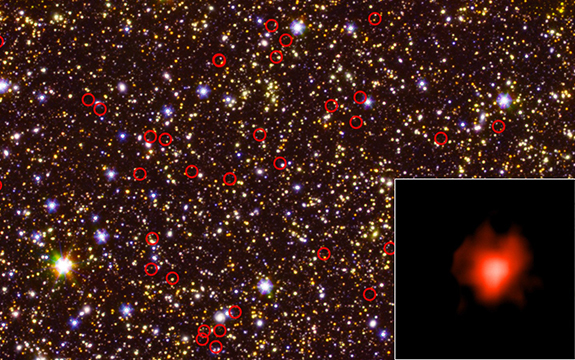 Deep-field view of sky dominated by galaxies — including some very faint, very distant ones — circled in red. The bottom right inset shows the light collected from one of those galaxies during a long-duration observation. 