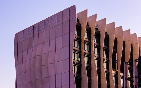 The east side of the Advanced Manufacturing and Design Centre building captured during a sunset.