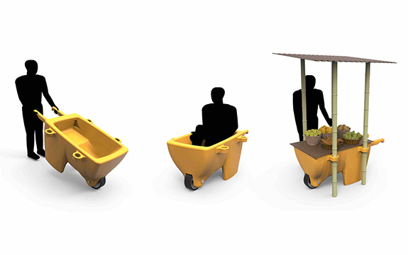 lifesaving wheelbarrow concept in three positions