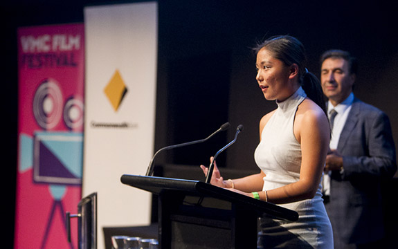 Rachel Chen speaking at VMC film festival. 