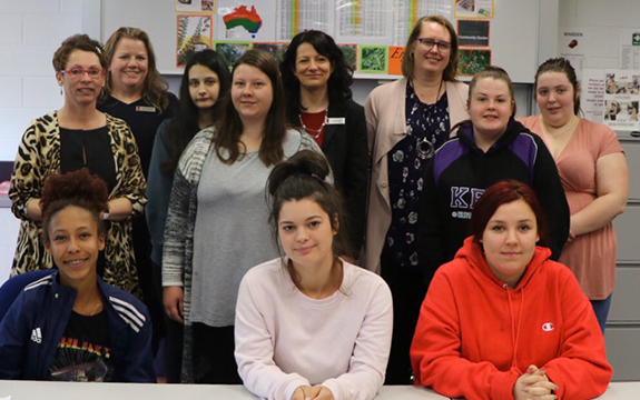 Member for Eastern Metropolitan Region, Sonja Terpstra (far left), with students and staff from the Young Mums program. 