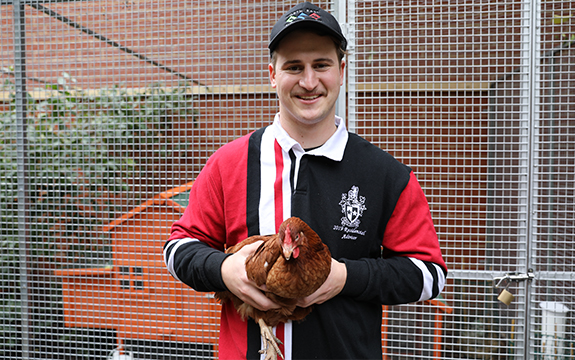 Student and Resident Adviser Trent Williams with one of Swinburne Student Residences' pet chickens.