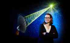Emily Petroff has been superimposed on to an image of a satellite beaming a green signal into the stars