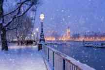 Snowing on Jubilee Gardens in London at dusk