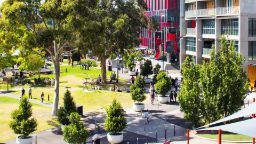 An aerial view of Swinburne's Hawthorn campus, looking east along Wakefield Street over Wakefield Gardens.