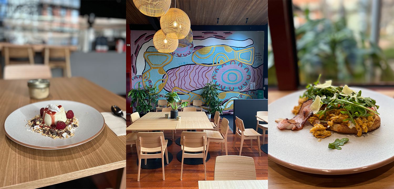 Left: House-Made Set Yoghurt (Greek yoghurt with native strawberry gum, granola & a coconut whipped cream) Middle: Inside Co-Ground with the Indigenous mural by artist Mandi Barton on the wall Right: Chilli Scramble