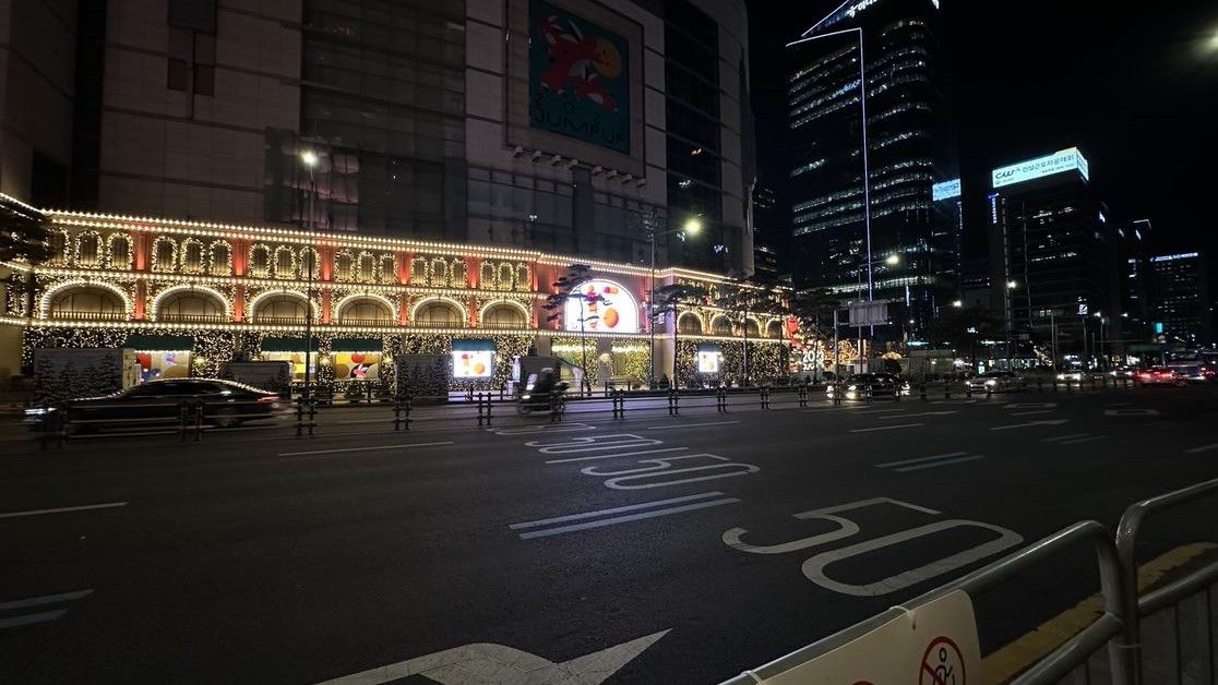 City street corner at night.