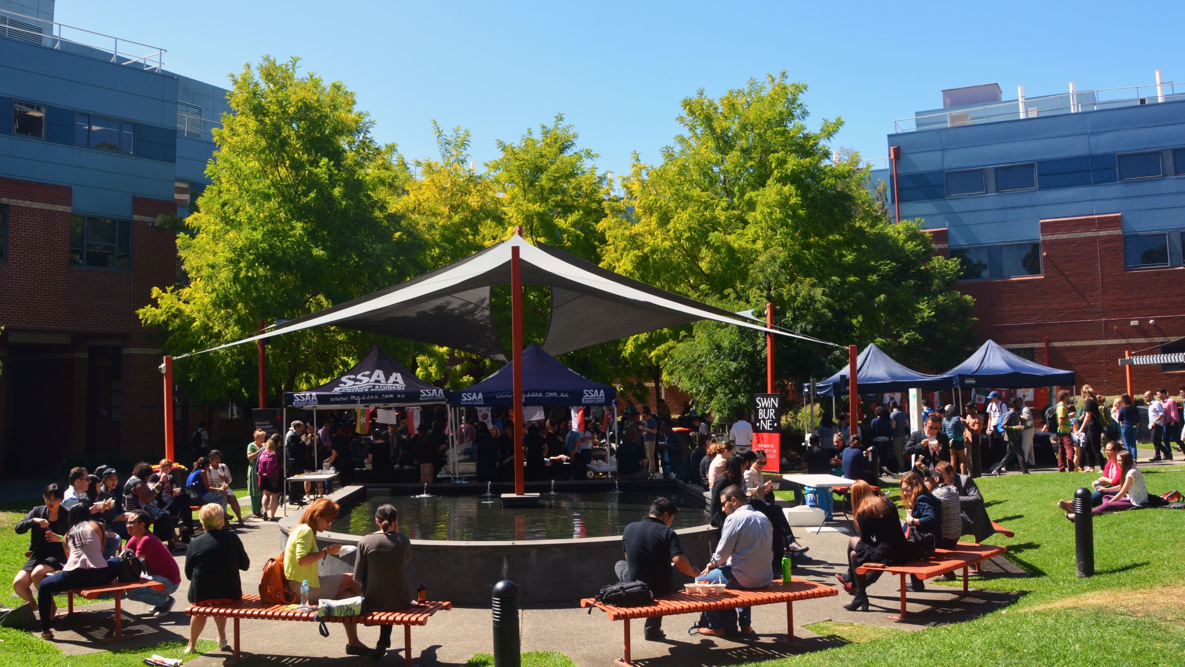 Large crowd eating lunch around pond in Wakefield Gardens on a bright sunny day