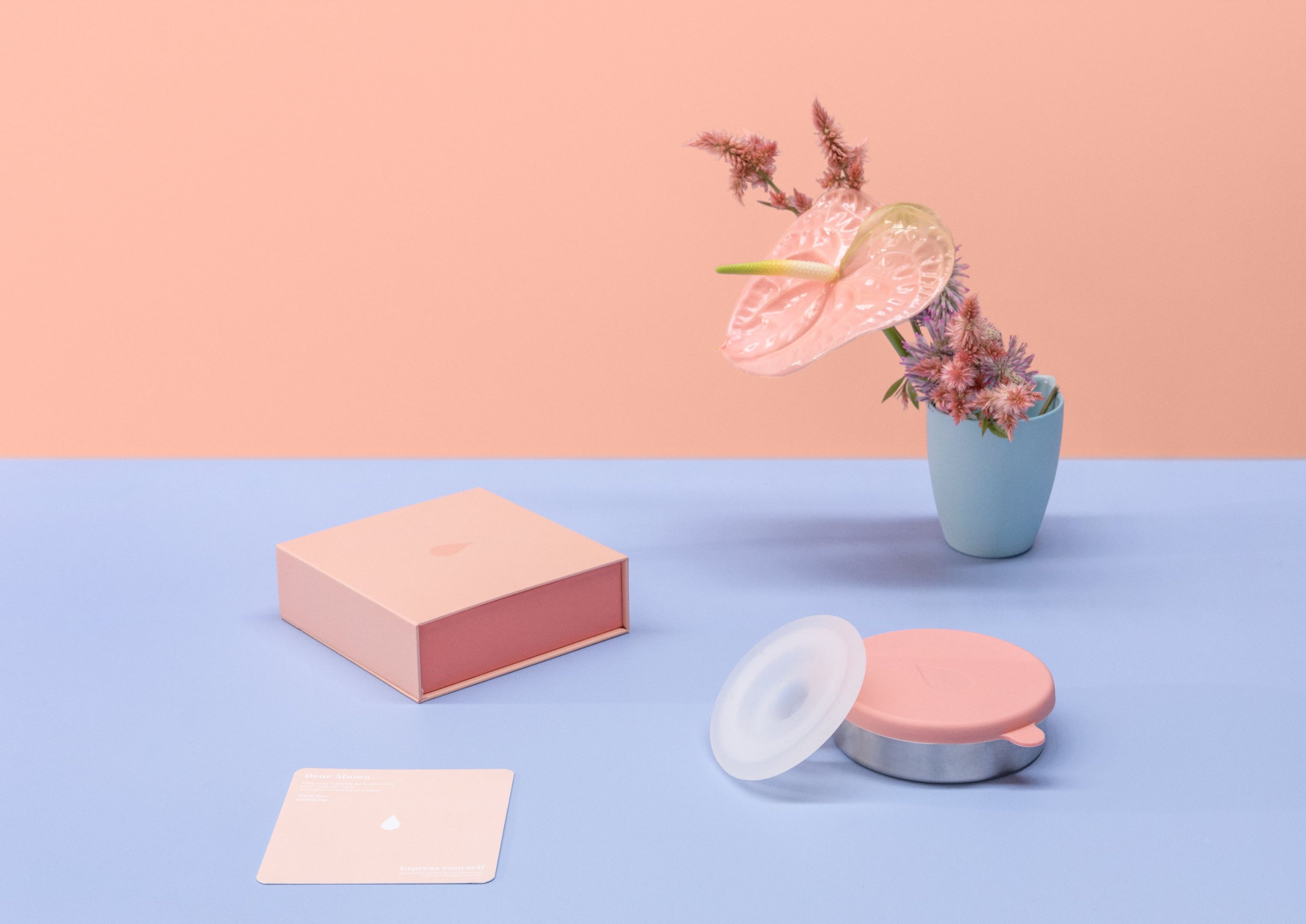 A product shot of Milkdrop, a soft circle shaped silicone cushion, on a pastel blue table with a vase of flowers, showcasing its apricot packaging.  