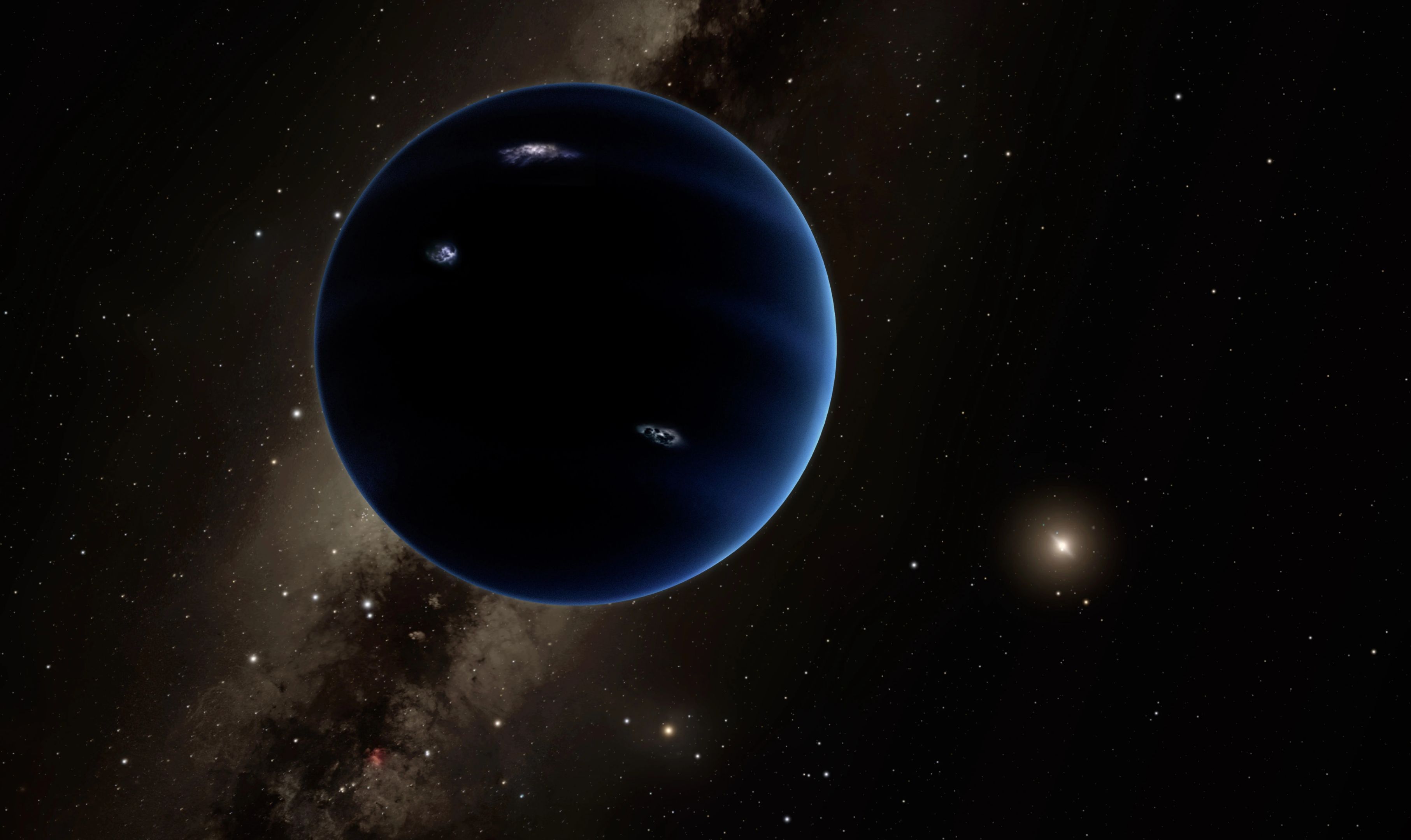 Planet in space that is similar to Neptune, a dark blue colour surrounded by stars in space