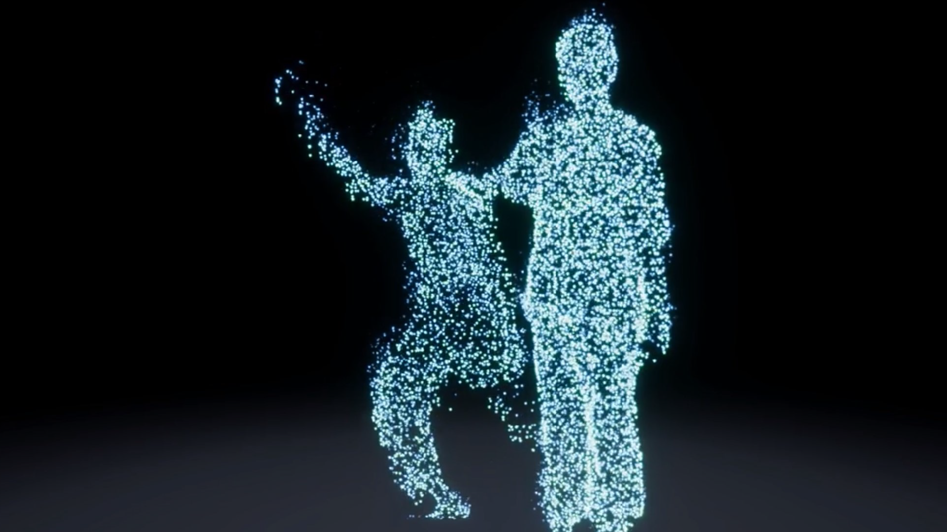An Adobe Innovation Grant has been awarded to support the exploration of volumetric capture technology of virtual performances by NICA. it is the outline of two dancing figures created by an array of glowing blue dots