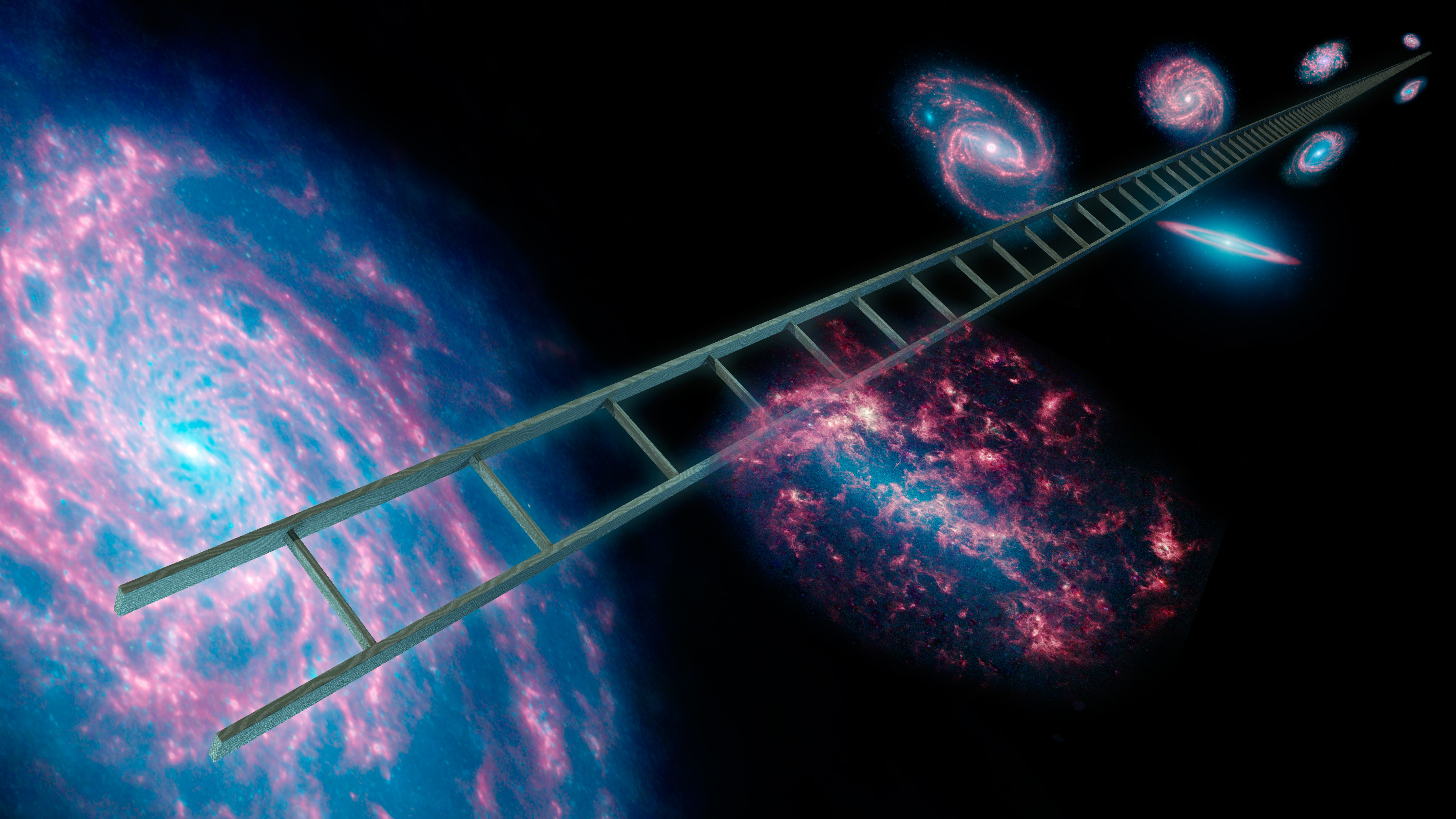 Astronomers using NASA’s Spitzer Space Telescope have greatly improved the cosmic distance ladder used to measure the size and age of the universe, symbolically rendered in this artist’s concept.