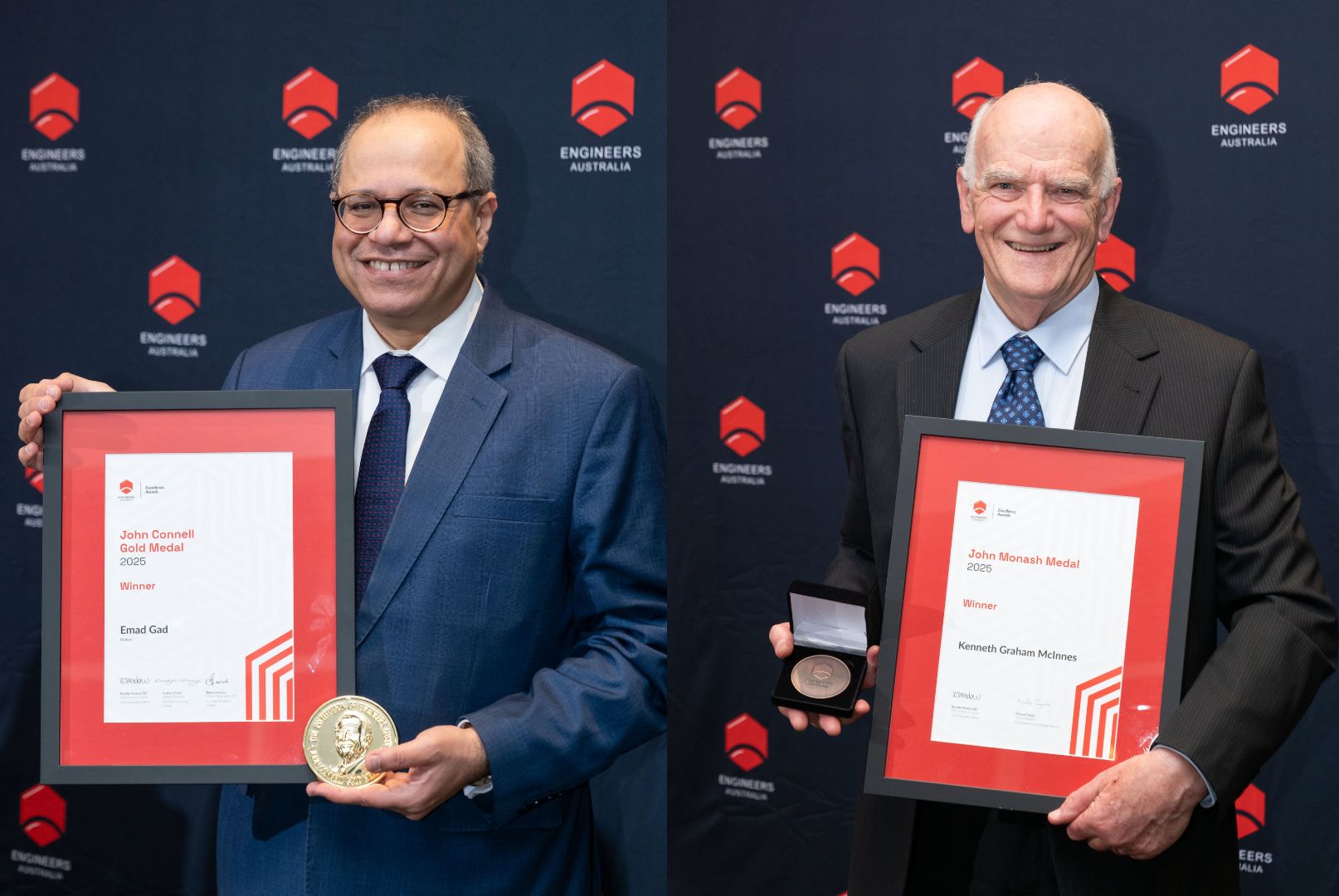 Executive Dean of the School of Engineering Professor Emad Gad, and Ken McInnes have received top honours at the 2025 Engineers Australia Awards. 