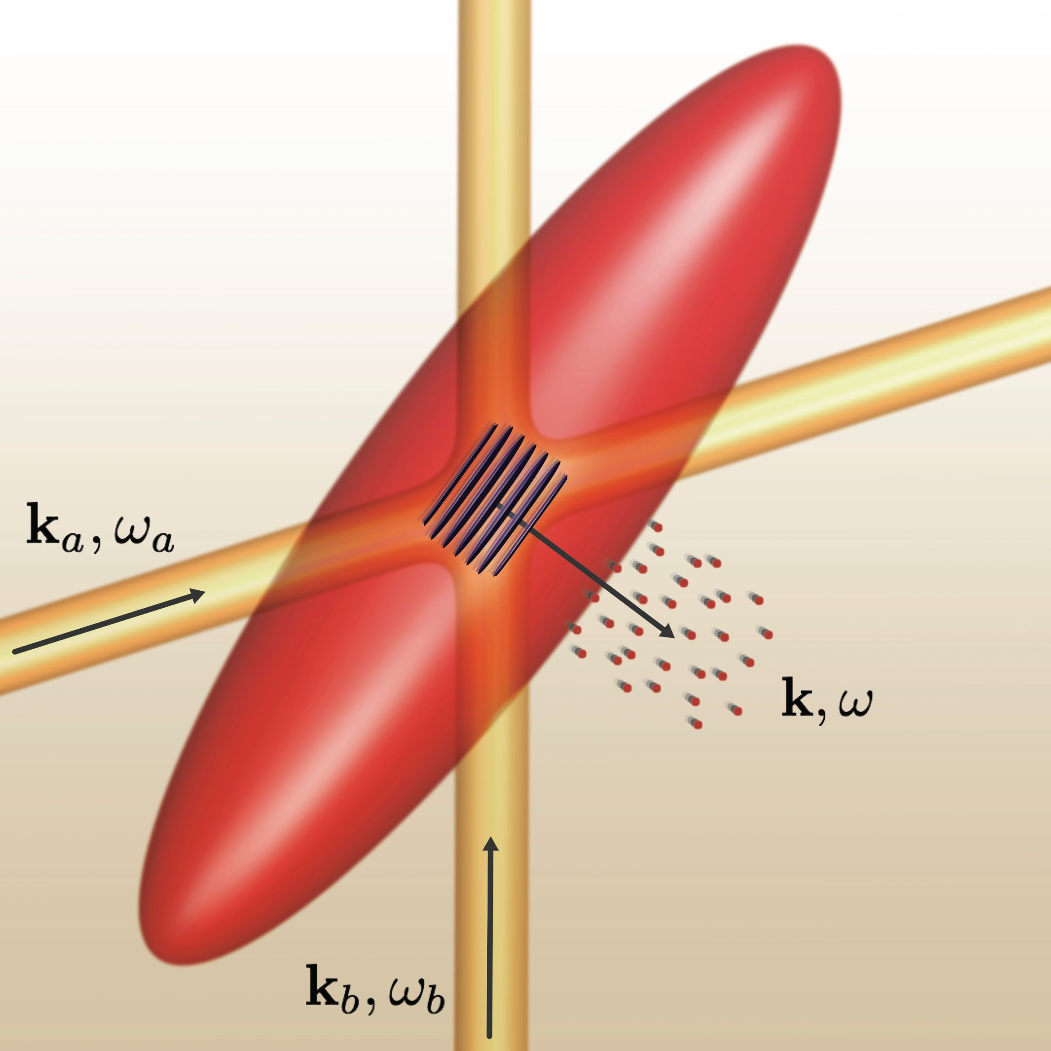 A scientific image of a red oval on top of 2 intersecting golden tubes, with various scientific symbols and markings labelled on the diagram. 