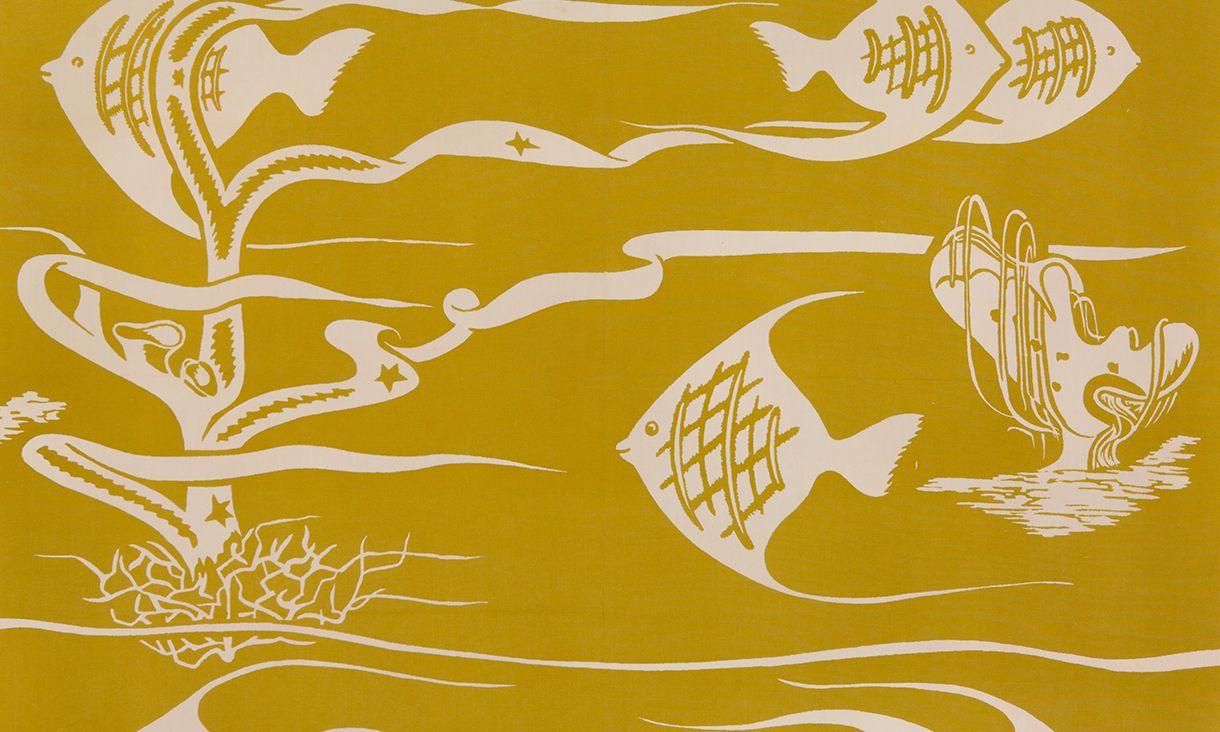 Golden toned screen print featuring angel fish and coral