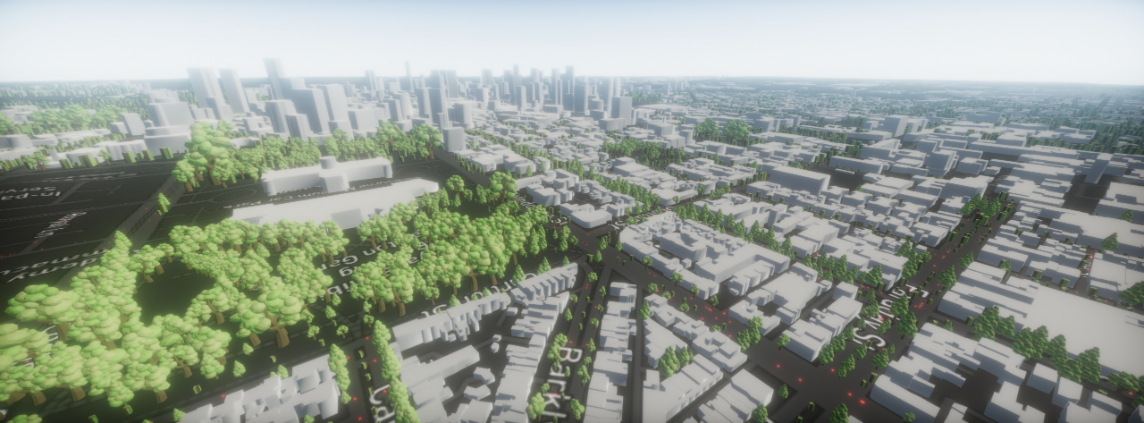 A computer-generated image showing a city of tall skyscrapers in the background, with neighbourhood blocks of houses in the foreground and patches of trees. 
