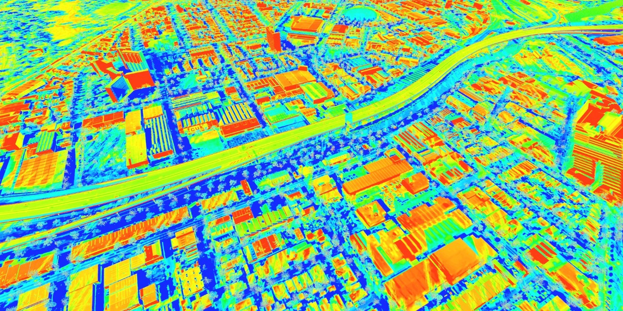 A computer-generated image showing the thermal image of a suburban block of houses.