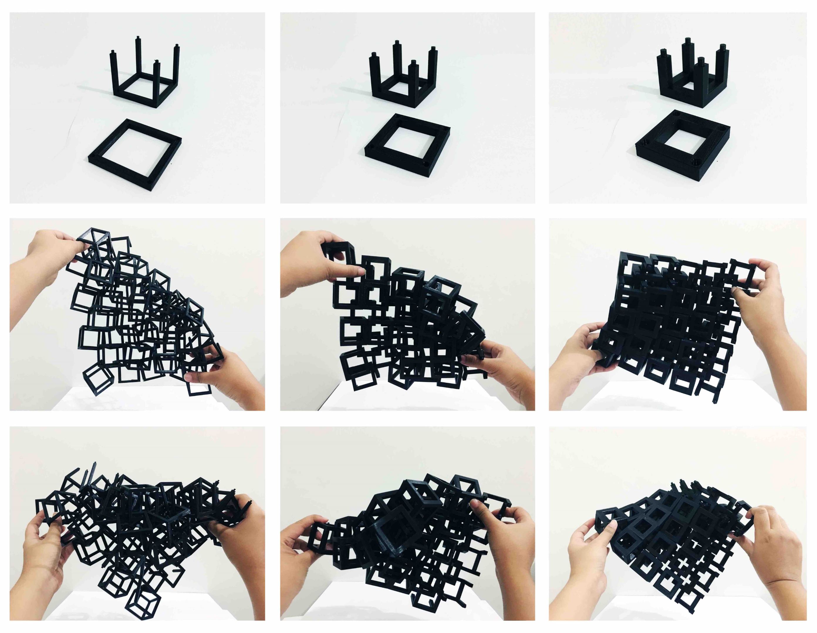 A grid of images showing a set of hands testing a system of interlocking cubes, 3d printed in different thick