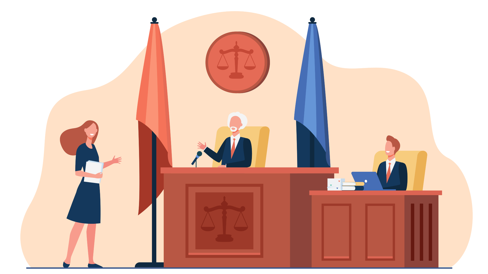 An illustration of a judge, a lawyer and a witness in a court