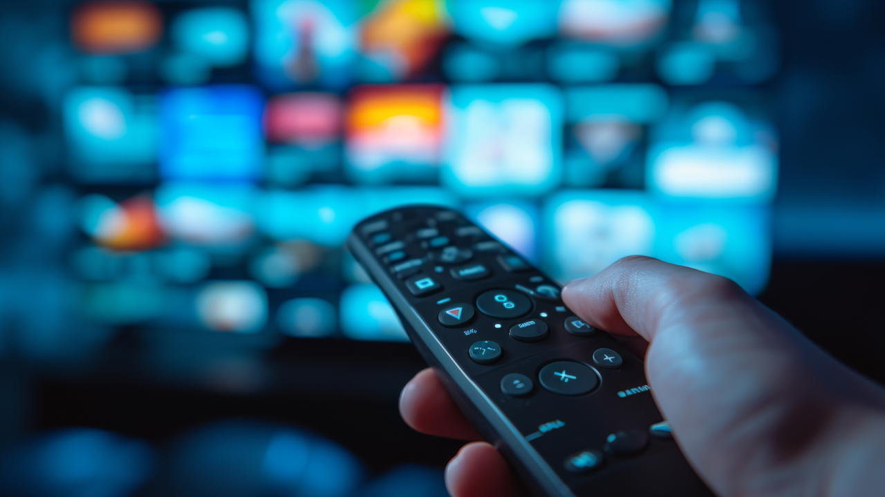 A remote control with multiple tv screens in the distance.