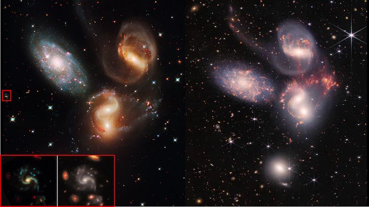 The inset shows a zoom-in on a distant background galaxy.