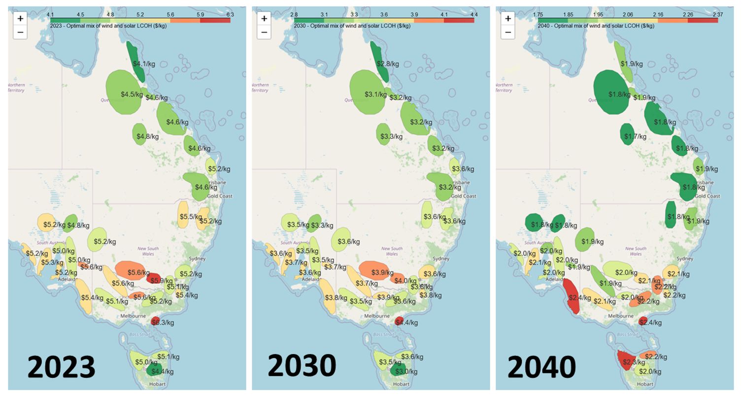 The levelised cost of hydrogen at renewable energy zones in Australia for 2023, 2030 and 2040. (source: Steven Percy, Victorian Hydrogen Hub)