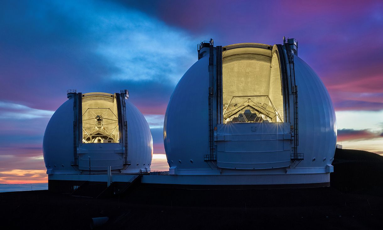 The twin telescopes of the W M Keck Observatory atop Mauna Kea in Hawai'i