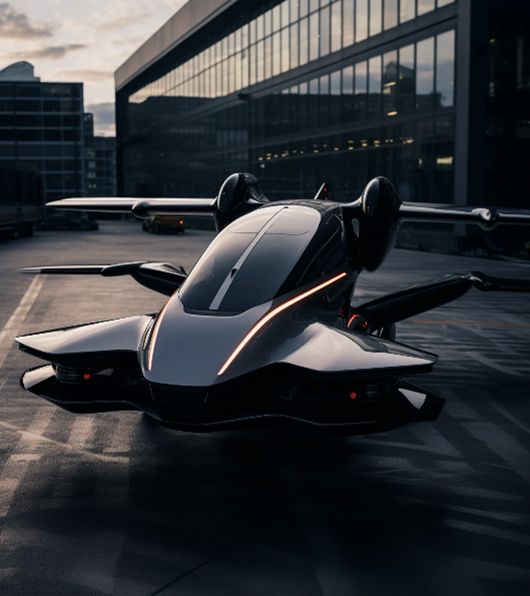 sleek grey metal aircraft of futuristic design parked on the ground in front of a building