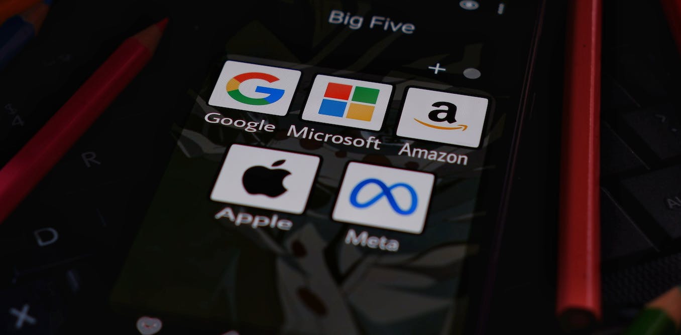 Phone with a folder labelled 'Big Five' with apps of Google, Microsoft, Amazon, Apple and Meta