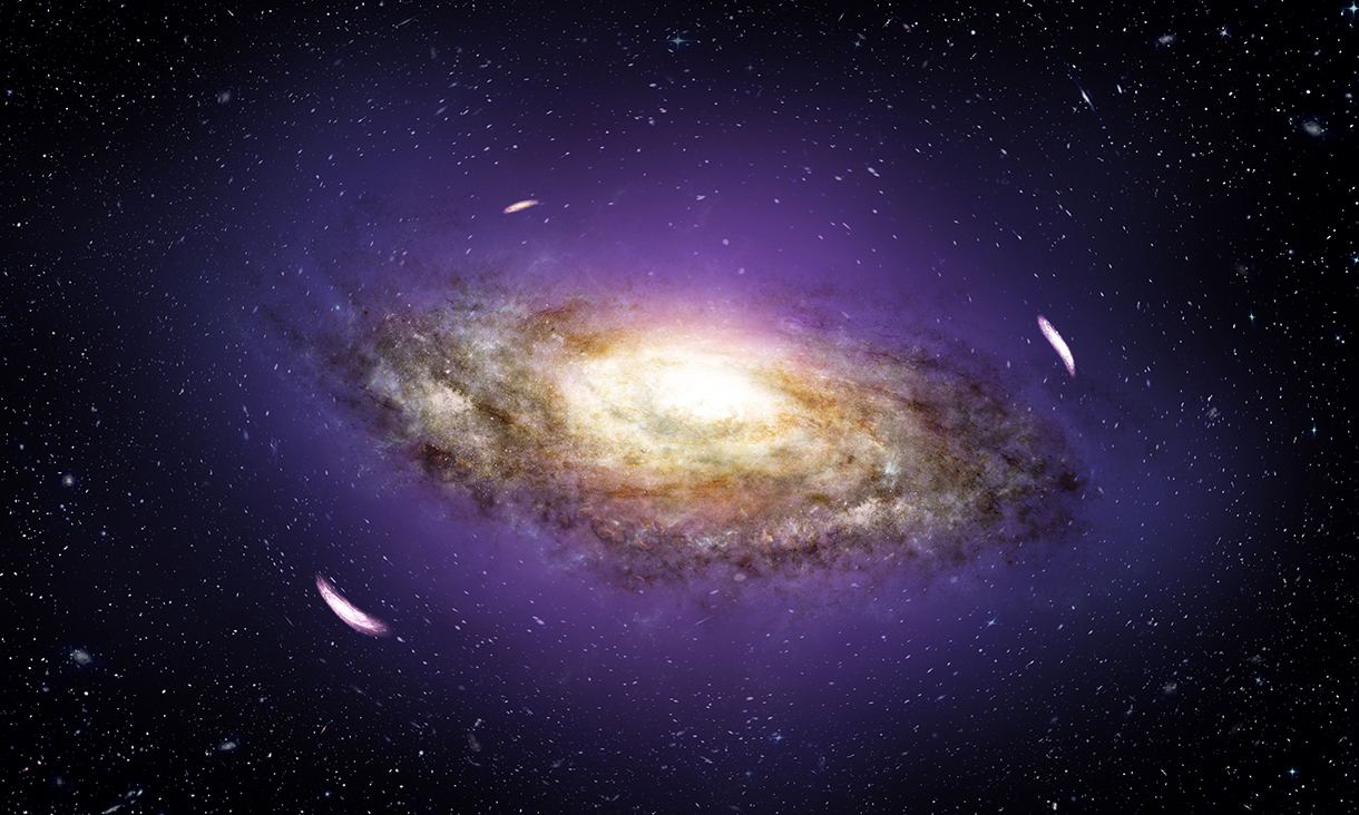 Artist's impression of a galaxy surrounded by gravitational distortions due to dark matter.