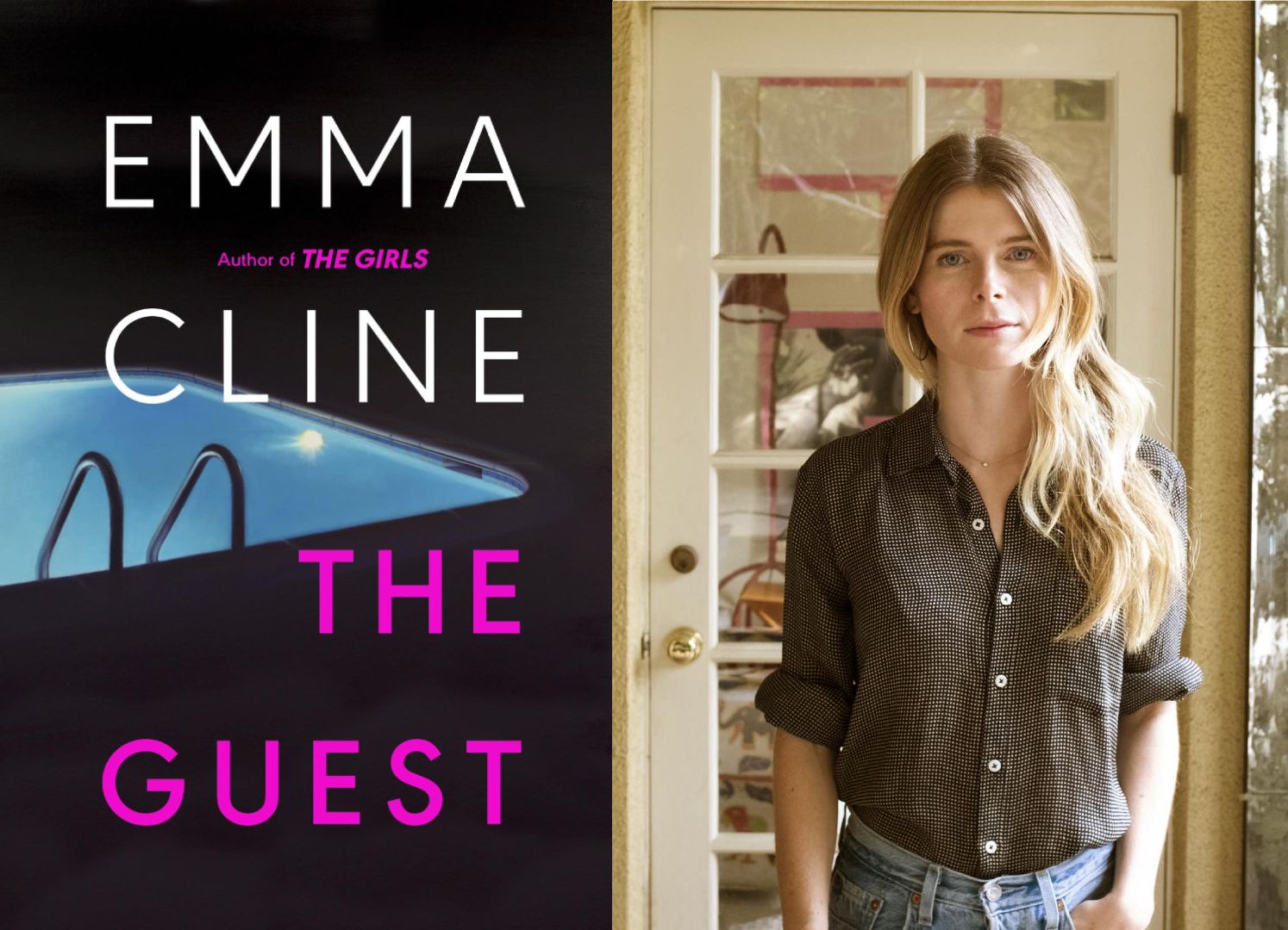 Portrait of Emma Cline and the front cover of her newest novel, The Guest 
