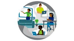 Circular illustration shows four people in multiple context working with laptops in different working contexts.