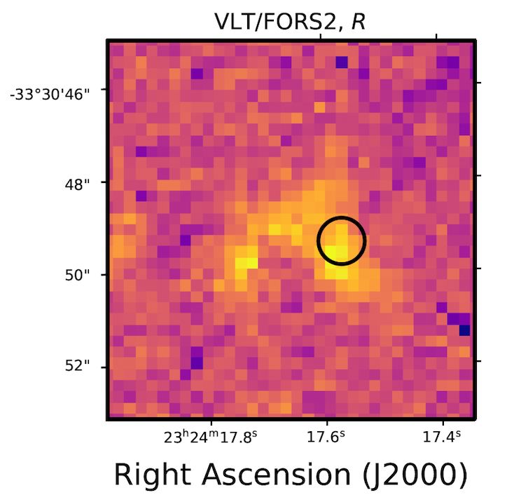 Host galaxy of FRB 20220610A, as observed by the Very Large Telescope in Red (R-band) optical light. The black circle shows the position of the FRB as measured by ASKAP. Lachlan Marnoch (Macquarie Univesity/ASTRO-3D)