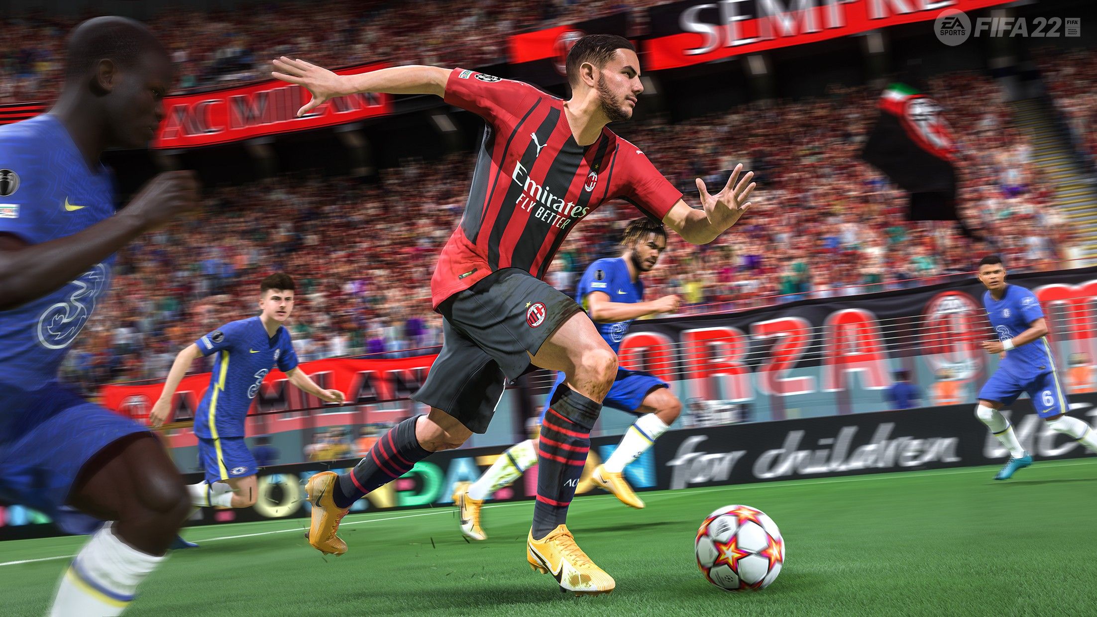 FIFA in game footage of AC Milan defender, Theo Hernandez dribbling the ball past several Chelsea players