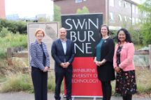 Professor Pascale Quester, Josh Frydenberg MP, Professor Karen Hapgood and Professor Sivanes Phillipson stand in front of a Swinburne sign at the Aunty Dot Peters AM Flowering Grasslands.