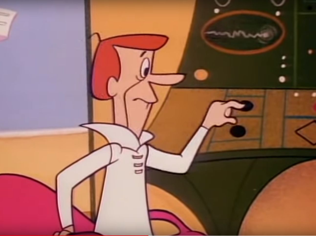 George Jetson is pushing a button at work attached to a machine, wearing a white top and looking slightly worried 