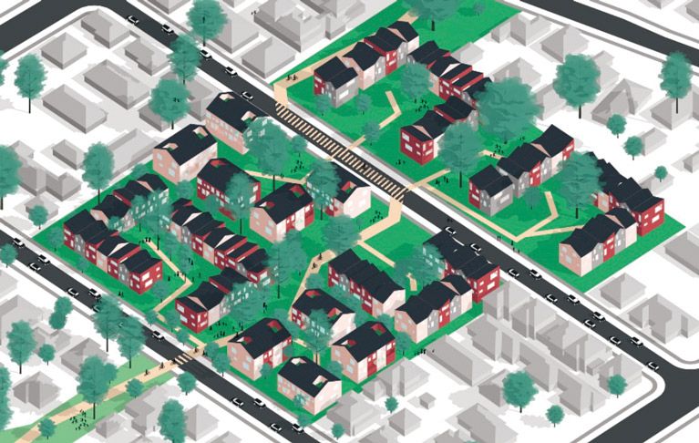Illustration of suburban housing. Houses in the centre of the image are coloured and feature surrounding grass and trees, whereas the houses on the edges are grey in colour.