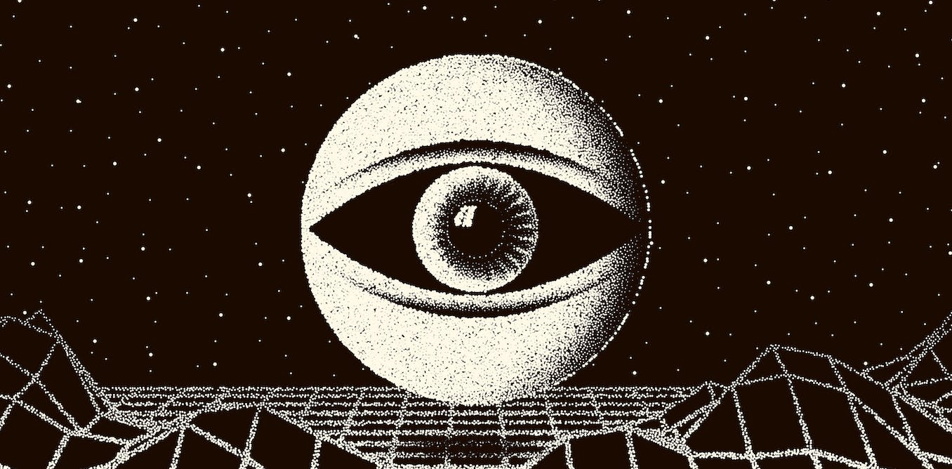 Art of an eyeball against a black blackground with a white geometric landscape and stars.
